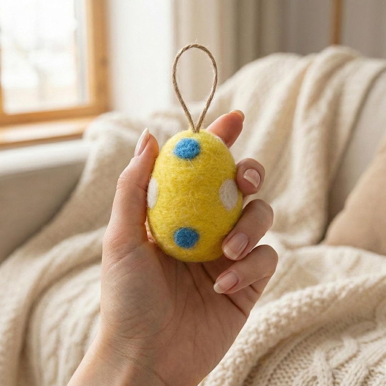 May include: A yellow felt Easter egg ornament with white and blue polka dots. The egg has a loop of twine for hanging. The ornament is held in a hand.