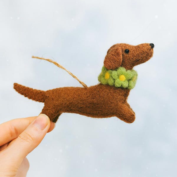 Handmade Wool Felt Dachshund Ornament: Sausage Dog with Flower Collar
