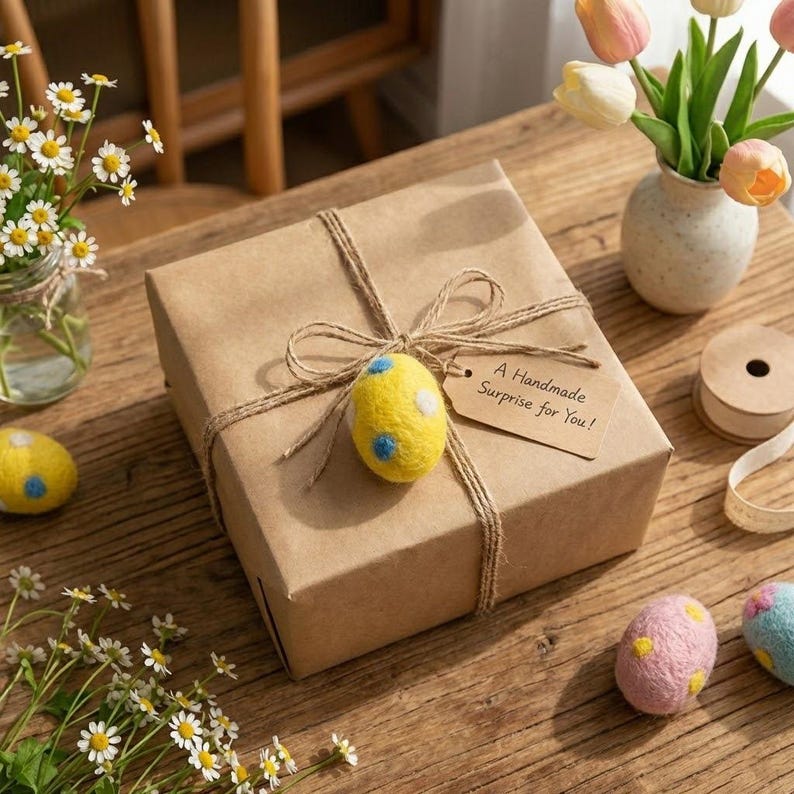 May include: A wrapped gift box tied with twine, adorned with a yellow felt egg with blue and white spots. A tag reads "A Handmade Surprise for You!". Additional decorative felt eggs and flowers are scattered on a wooden surface.