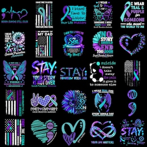 Puede incluir: Una colección de veinticinco diseños gráficos sobre un fondo negro con cintas de concienciación de color turquesa y morado, corazones, mariposas, girasoles y texto sobre la prevención del suicidio, incluyendo frases como Stay, Your Story Is Not Over.