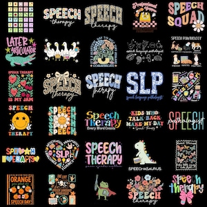 Op de afbeelding: Een verzameling van vijfentwintig verschillende grafische ontwerpen met logopediethema's, inclusief illustraties van dieren, bloemen, smileys en teksten zoals Speech Therapy, Speech Squad, SLP en Speechasaurus op een zwarte achtergrond.
