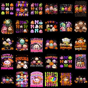 Puede incluir: Una colección digital de treinta diseños gráficos individuales que presentan lindas albóndigas antropomórficas con varios disfraces temáticos de Halloween, incluyendo fantasmas, calabazas y brujas, con elementos de texto como You're a Spooky Dumpling.