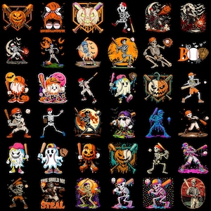 May include: A collection of thirty-six graphic illustrations featuring skeletons, ghosts, and jack-o'-lanterns playing baseball. The designs incorporate baseball bats, balls, gloves, and caps with vibrant orange, purple, and neon colour palettes against a black background.