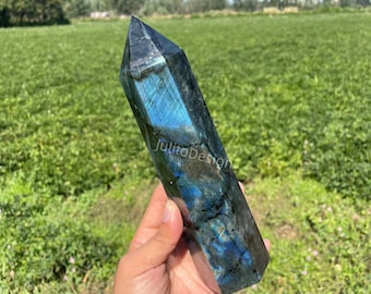 Obelisco de cristal de cuarzo labradorita natural, torre de cristal, punta de varita, curación Reiki, aleatorio, 1 pieza