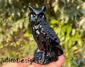 Cráneo de búho de obsidiana tallado a mano: regalo de cristal para decoración del hogar (3.1'')