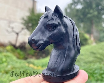 Cráneo de caballo de obsidiana tallado a mano: regalo de decoración de cristal para el hogar (3.1'')