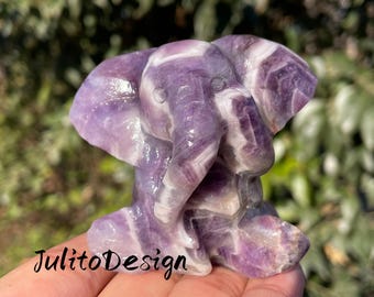 Cráneo de elefante de cuarzo amatista de ensueño: decoración de cristal tallada a mano (2,5")
