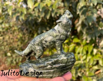 Cráneo de lobo de jade verde tallado a mano: regalo de cristal para decoración del hogar (8,4 cm)
