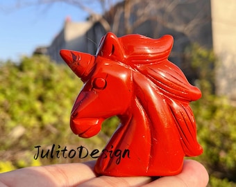 Hand Carved Red jasper Unicorn Skull:Quartz Crystal Home Decor Gift (2.2'')