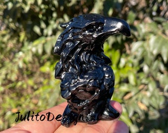 Calavera de águila tallada a mano en obsidiana: Regalo de decoración para el hogar en cristal de cuarzo (3,1 pulgadas)