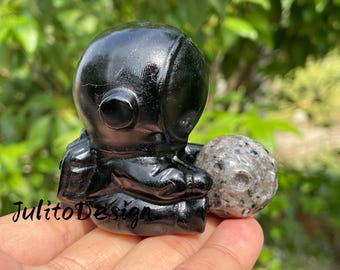 Cráneo de astronauta de obsidiana de cuarzo y piedra Yooperlita: decoración de cristal tallada a mano (2,3")