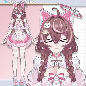 Puede incluir: Ilustración digital de un personaje con un atuendo rosa y blanco con orejas de gato y coletas. El personaje tiene ojos azules y lleva un vestido con un lazo y una falda. El fondo es de color rosa claro.