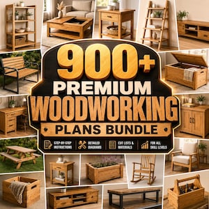 May include: A digital advertisement for a 900+ Premium Woodworking Plans Bundle featuring a large central title and various images of wooden furniture including shelves, tables, chairs, benches, a desk, a storage chest, and a planter box.