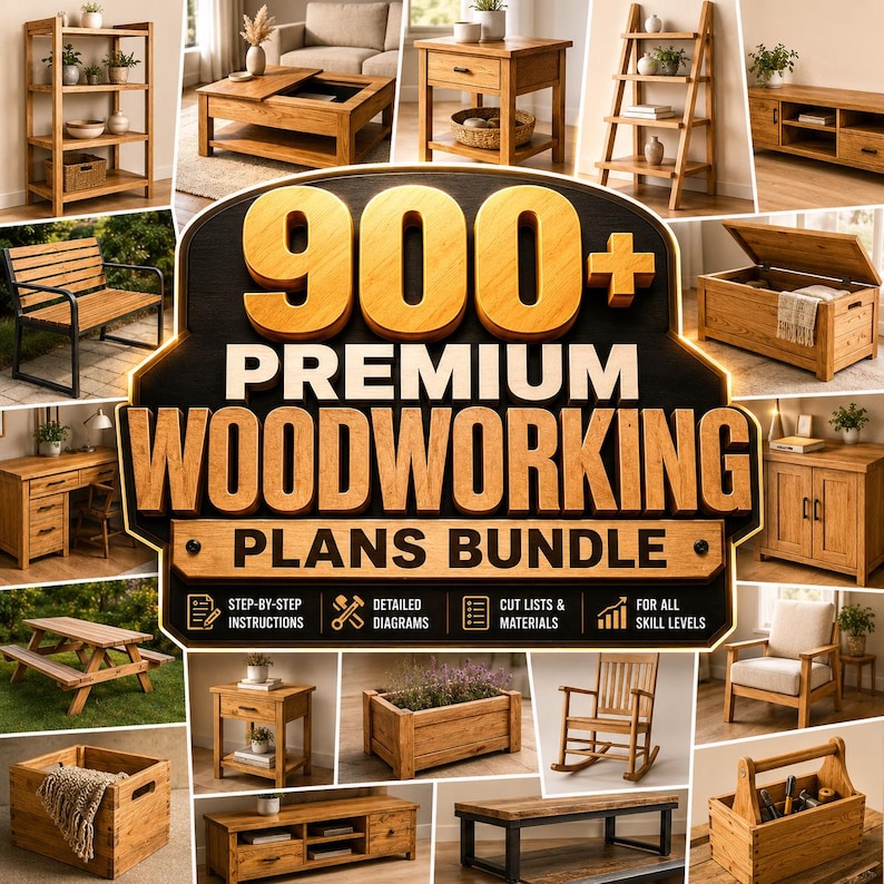 May include: A digital advertisement for a 900+ Premium Woodworking Plans Bundle featuring a large central title and various images of wooden furniture including shelves, tables, chairs, benches, a desk, a storage chest, and a planter box.