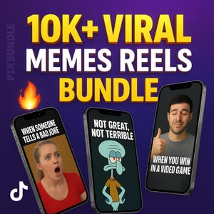 Könnte beinhalten: Werbebild für ein Meme-Bundle. Der Text "10K+ VIRAL MEMES REELS BUNDLE" ist in Gelb und Weiß dargestellt. Drei Smartphones zeigen Memes mit Bildunterschriften wie "WHEN SOMEONE TELLS A BAD JOKE" und "WHEN YOU WIN IN A VIDEO GAME".