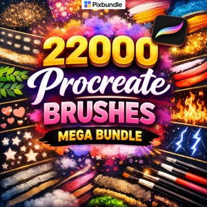 May include: A digital art graphic featuring the text "22000 Procreate BRUSHES MEGA BUNDLE" in yellow and pink. The image showcases various brushstroke examples in vibrant colors, along with a Procreate app icon and a Pixbundle logo.