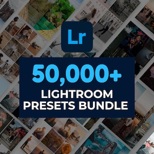 以下が含まれることがあります： 「50,000+ LIGHTROOM PRESETS BUNDLE」の白と水色の文字が入った濃い青色の長方形。 Lightroomのロゴが左上にあります。背景は写真のコラージュです。