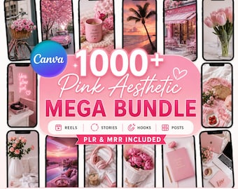 Pacchetto di oltre 1000 contenuti estetici rosa: video di marketing digitale senza volto, modelli Instagram rosa, video estetici rosa - PLR MRR