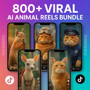 May include: An advertisement for an AI animal reels bundle. The image features five smartphones displaying various animal characters, including a squirrel, cats, and a deer. The text "800+ VIRAL AI ANIMAL REELS BUNDLE" is displayed at the top.