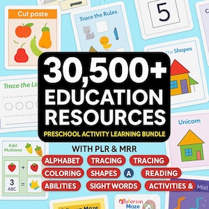 Puede incluir: Un conjunto de recursos de aprendizaje preescolar, que incluyen actividades de trazado, coloreado y lectura. La imagen presenta tarjetas con frutas, formas y números, junto con el texto "30,500+ EDUCATION RESOURCES PRESCHOOL ACTIVITY LEARNING BUNDLE".