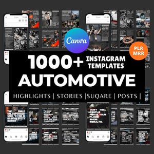 May include: A collection of Instagram templates for automotive content. The image displays various mockups of Instagram posts and stories, with the text "1000+ AUTOMOTIVE TEMPLATES" and "HIGHLIGHTS | STORIES | SQUARE | POSTS".