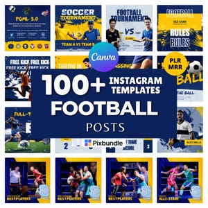 Puede incluir: Imagen promocional que muestra más de 100 plantillas de Instagram para publicaciones relacionadas con el fútbol. El diseño incorpora varios diseños con texto como "Soccer Tournament" y "Free Kick", utilizando una combinación de colores azul, amarillo y blanco.
