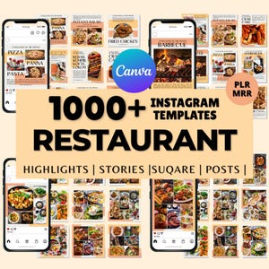 以下が含まれることがあります： レストラン向けのInstagramテンプレートを紹介するプロモーション画像。ピザ、パスタ、バーベキューなど、食べ物関連の投稿を表示するスマートフォンのモックアップが特徴です。「1000+ Instagramテンプレート」がハイライト、ストーリー、投稿用に表示されています。 Canvaロゴが見えます。