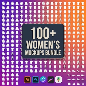 Può includere: Un pacchetto di mockup digitali con uno sfondo sfumato. L'immagine presenta una collezione di contorni di abbigliamento, tra cui camicie, pantaloni e costumi da bagno. Una grafica centrale recita "100+ WOMEN'S MOCKUPS BUNDLE".