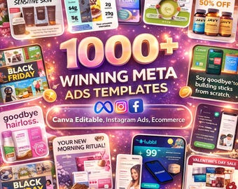 Paket med 1000+ Canva-annonsmallar | Vinnande statiska Facebook- och Instagram-annonser för alla nischer | Metaannonser Canva-redigerbar PLR MRR