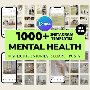 以下が含まれることがあります： メンタルヘルスに関する1000以上のInstagramテンプレートのプロモーション画像。依存症や精神疾患などのトピックに関するテンプレートを表示するスマートフォンのモックアップが特徴です。ハイライト、ストーリー、投稿用のテンプレートです。