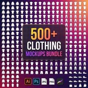 Puede incluir: Un paquete de maquetas digitales con más de 500 diseños de ropa. La imagen muestra varios artículos de vestir, incluyendo camisetas, sudaderas con capucha, pantalones, pantalones cortos y accesorios. El texto central dice "500+ Clothing Mockups Bundle."