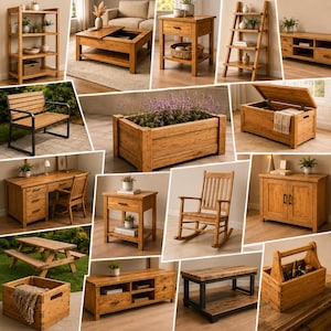 May include: A collection of light brown wooden furniture including a four-tier bookshelf, a coffee table with storage, a nightstand, a ladder shelf, a media console, a garden bench, a planter box, a storage chest, a desk, a rocking chair, and a caddy.