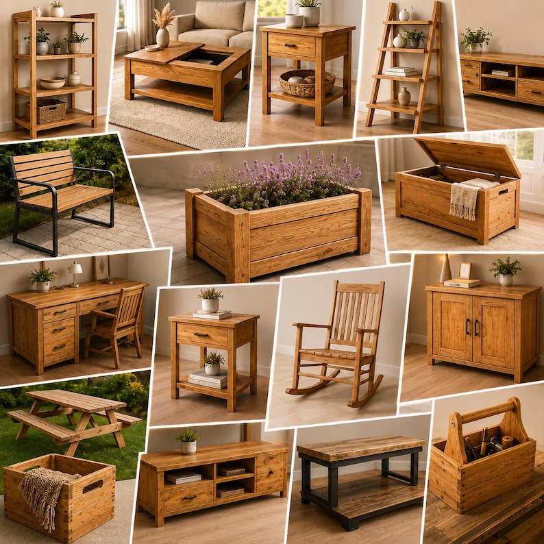 May include: A collection of light brown wooden furniture including a four-tier bookshelf, a coffee table with storage, a nightstand, a ladder shelf, a media console, a garden bench, a planter box, a storage chest, a desk, a rocking chair, and a caddy.