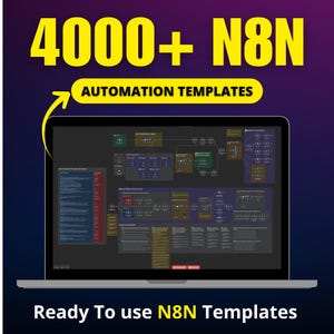 以下が含まれることがあります： ラップトップの画面には、「Automation Templates」とラベル付けされた、相互接続されたノードと線を持つ複雑な図が表示されています。「4000+ N8N」と「Automation Templates」の文字は黄色です。下部には「Ready To use N8N Templates」と書かれています。