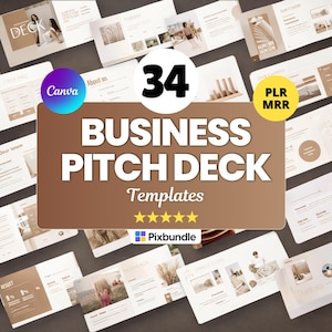 Może przedstawiać: Zestaw szablonów prezentacji biznesowych. Centralna grafika zawiera tekst "BUSINESS PITCH DECK Templates" z liczbą "34" w okręgu. Dodatkowy tekst zawiera "Canva" i "PLR MRR". Obraz ma neutralną paletę kolorów.