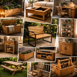 May include: A collection of rustic wooden furniture including a garden planter, a coffee table with storage, a desk, a storage chest, a bench, a bookshelf, a nightstand, a media console, a picnic table, a rocking chair, and a tool caddy.