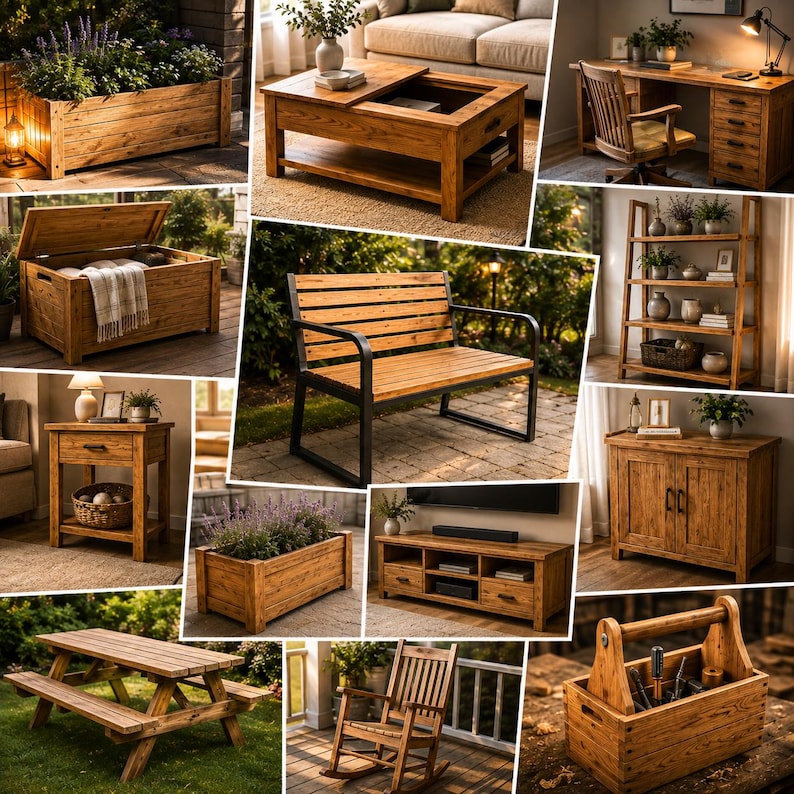 May include: A collection of rustic wooden furniture including a garden planter, a coffee table with storage, a desk, a storage chest, a bench, a bookshelf, a nightstand, a media console, a picnic table, a rocking chair, and a tool caddy.