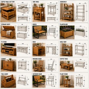 May include: A collection of wooden furniture items including a lift-top coffee table, side table, bookshelf, storage chest, bench, planter box, TV stand, desk, shelf unit, cabinet, rocking chair, coffee table, tool caddy, outdoor chair, and plant stand.