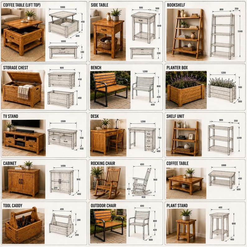 May include: A collection of wooden furniture items including a lift-top coffee table, side table, bookshelf, storage chest, bench, planter box, TV stand, desk, shelf unit, cabinet, rocking chair, coffee table, tool caddy, outdoor chair, and plant stand.