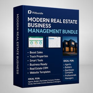 May include: A dark blue book titled "MODERN REAL ESTATE BUSINESS MANAGEMENT BUNDLE" with the Pixbundle logo. The cover includes images of a modern house and computer screens. Text highlights features like boosting sales and tracking properties.