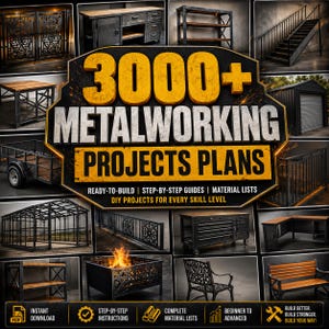May include: A digital collection of 3000+ metalworking project plans featuring a central title graphic and various thumbnails of metal furniture, structures, and outdoor items like fire pits, benches, shelving units, and staircases.