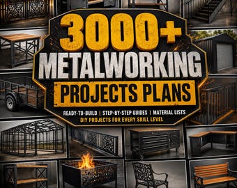 Peut inclure: Une collection numérique de plus de 3000 plans de projets de métallurgie avec un titre central et diverses vignettes de meubles, structures et objets d'extérieur en métal comme des braseros, bancs, étagères et escaliers.