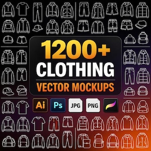 Könnte beinhalten: Grafik mit weißen Strichzeichnungen von Kleidungsstücken wie Jacken, Hemden, Hosen und Shorts auf dunklem Hintergrund. Der zentrale Text in Gelb und Weiß lautet "1200+ CLOTHING VECTOR MOCKUPS". Icons für Ai, Ps, JPG, PNG und Procreate sind ebenfalls vorhanden.