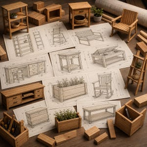 May include: A collection of miniature wooden furniture pieces including a bookshelf, rocking chair, and side table, arranged alongside architectural blueprints featuring detailed line drawings of various furniture designs with visible measurement annotations.