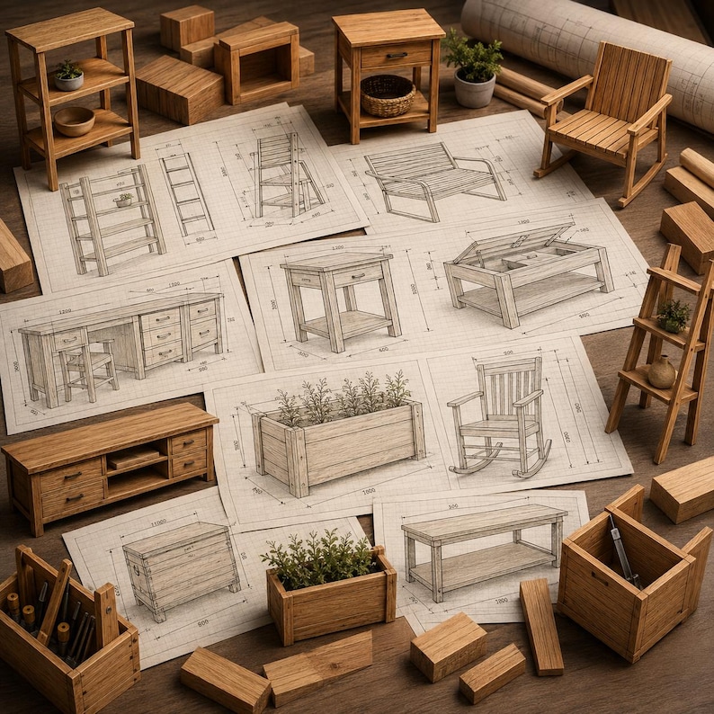 May include: A collection of miniature wooden furniture pieces including a bookshelf, rocking chair, and side table, arranged alongside architectural blueprints featuring detailed line drawings of various furniture designs with visible measurement annotations.
