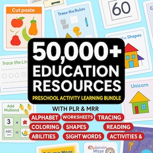 Pode incluir: Um conjunto de recursos educacionais para pré-escolares. A imagem apresenta cartões com números, formas e atividades de traçado. O texto diz "50,000+ EDUCATION RESOURCES PRESCHOOL ACTIVITY LEARNING BUNDLE".