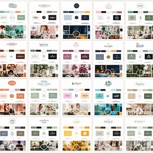 Pu&ograve; includere: Una collezione di moodboard di branding con varie palette di colori, loghi e immagini di esempio. Ogni scheda presenta un nome di marchio diverso, come "glorial", "AURELIA" e "wild&free", mostrando concetti di design per aziende.