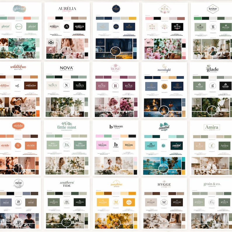Pu&ograve; includere: Una collezione di moodboard di branding con varie palette di colori, loghi e immagini di esempio. Ogni scheda presenta un nome di marchio diverso, come "glorial", "AURELIA" e "wild&free", mostrando concetti di design per aziende.