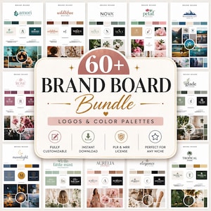 Pode incluir: Um conjunto de modelos de painéis de marca com logotipos e paletas de cores. A imagem apresenta um gráfico central que diz "60+ BRAND BOARD Bundle" com as palavras "logotipos e paletas de cores" abaixo. Os modelos são totalmente personalizáveis.