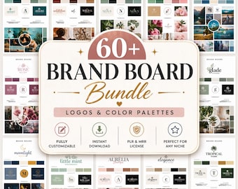 Paquete de más de 60 plantillas de tablero de marca: kit de marca empresarial de Canva, kits de diseño de logotipos, paleta de colores, paneles de inspiración: marca empresarial PLR MRR para proyectos DIY